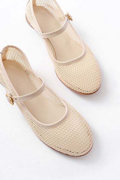 Budi 6325 Beige Mesh Helmet Buckle Detailed Daily Women's Ballerinas