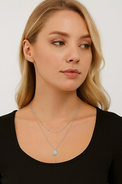New Obsessions Silver Color Steel Necklace with Blue Stone End
