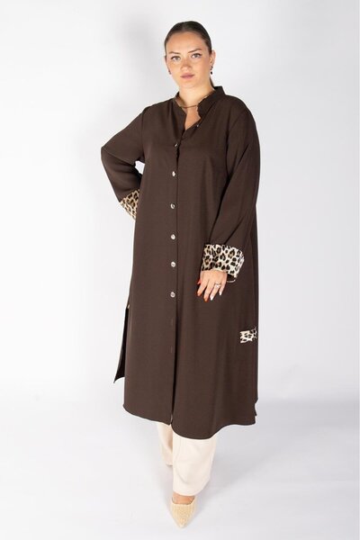 Bedrinxxl Büyük Beden Kadın Leopar Detaylı Düğmeli Kap Şık Tesettür Elbise Tu...