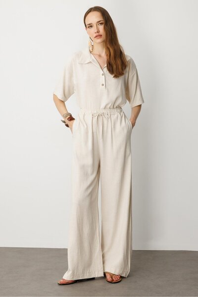 accort Rahat Kalıp Keten Pantolon-KREM