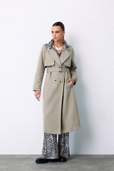 GÜLDEN KATRAN Kadın Kemerli Uzun Trençkot