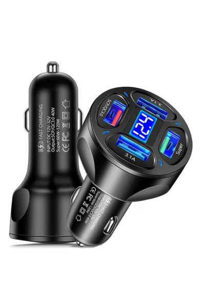 Stone Stone® Smart Fast Charging 4 USB 66W car charger, battery voltage display, black