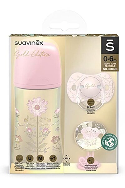 Suavinex مجموعة 270 مل + لهاية Phy 0/6 + مشبك ذهبي - وردي