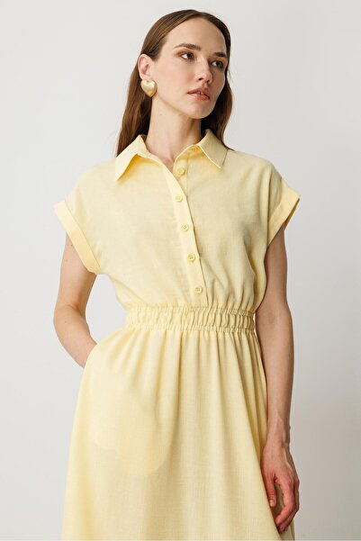 accort Keten Görünüm Farbela Detaylı Uzun Elbise-SARI