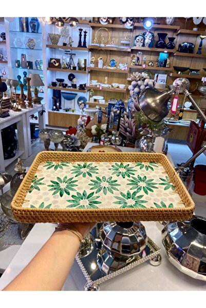 ÇIRPAN EV YEŞİL ÇİÇEK DESEN RATTAN TEPSİ 38X24CM