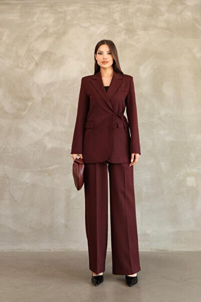 Stil Sepeti Women's Burgundy Premium Side Tie Blazer Jacket Palazzo Pants Set Drl-10001161