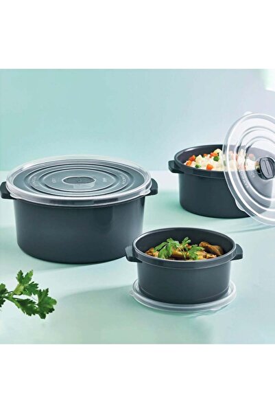 PUFO Set of 3 Round Casseroles with Lids, Microwave Safe, Capacity 500/1000/2000 ml, Grey
