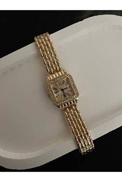 Luna Çelik Roma Rakamlı Crt Model Taşlı Gold Kadın Saat