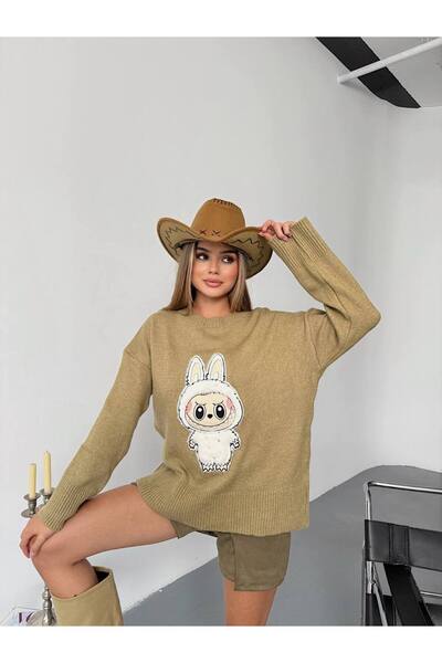 LE CARAMBOLE Women's Khaki Crew Neck Embroidery Detailed Knitwear Sweater