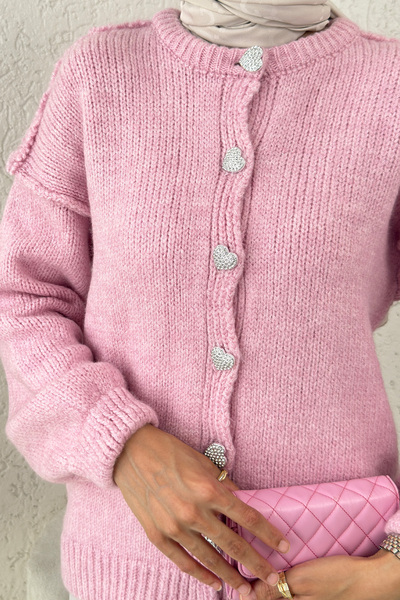 Salih Çelebi Ters Dikişli Triko Hırka 7048 - PEMBE