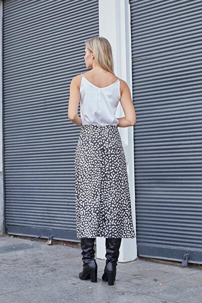 Jument Fusta lungă în formă de clopot, din țesătură satinată, fără lycra, cu talie înaltă, până la genunchi, leopard negru