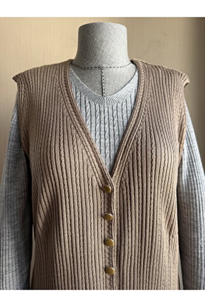 TİRİTEK Mercerized Modern Hair Knit Single Knit Long Mother Vest / Milky Coffee