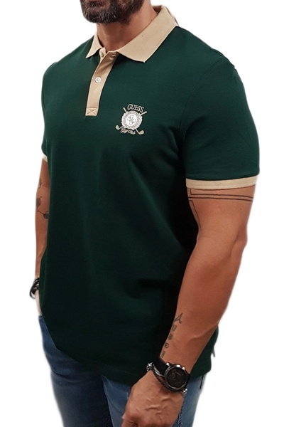 Guess Emblem Men's Green Regular Fit Polo T-Shirt M5Yp03Kcjv1-G8U1