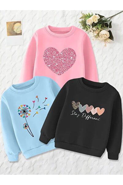 buendiakids Kız Çocuk Siyah Bebemavi Pembe\Stay Different Kalpler Baskılı 3`lü Paket Bisiklet Yaka Sweatshirt