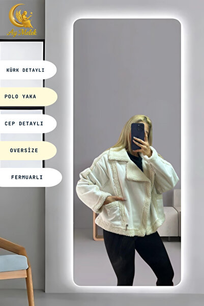 AYMELEK Women's Plush Fur Detailed Zippered Pocket Suede Oversize Coat