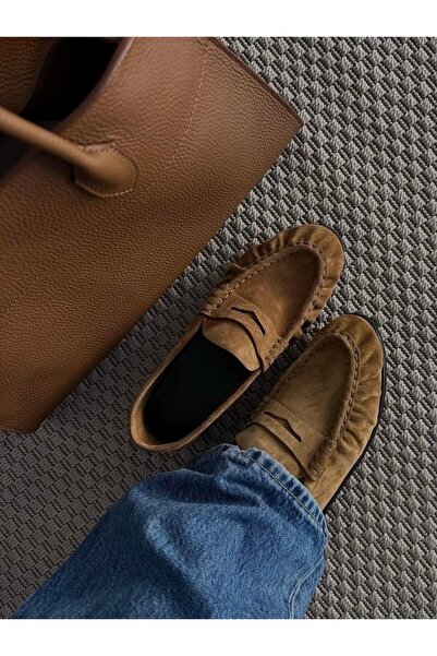 Eataly Shoes Kadın Büzgülü Gerçek Deri Oxford Loafer Günlük Ayakkabı Camel