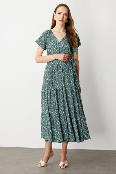 accort Çiçek Desenli Kruvaze Yaka Uzun Elbise-YEŞİL