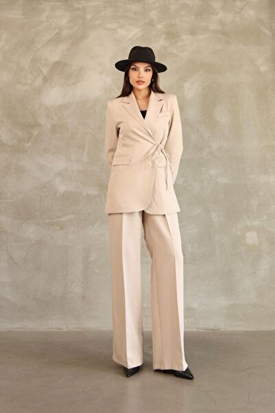 Stil Sepeti Women's Beige Premium Side Tie Blazer Jacket Palazzo Pants Set Drl-10001161