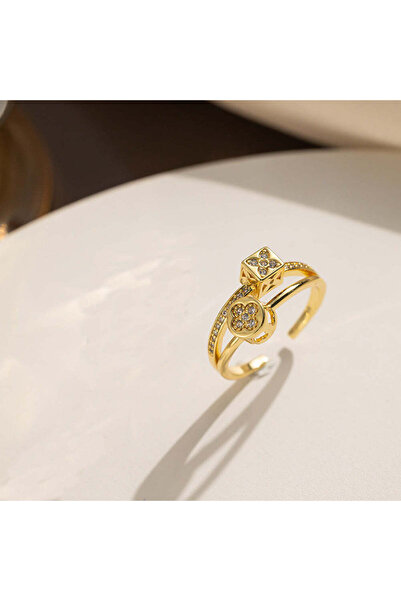 Pursehuit Inel reglabil auriu, oțel inoxidabil, suflat cu aur de 18k, cu piet...