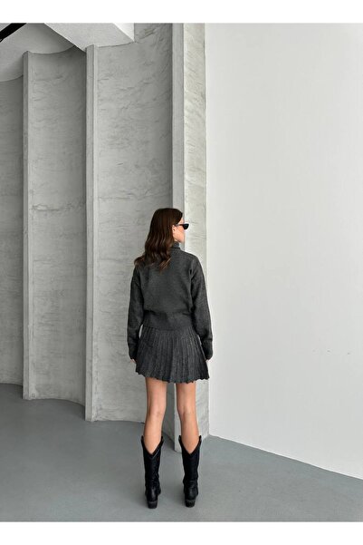 MODAMERSİ Kadın Antrasit Balıkçı Yaka Kazak Etek Alt Üst Takım