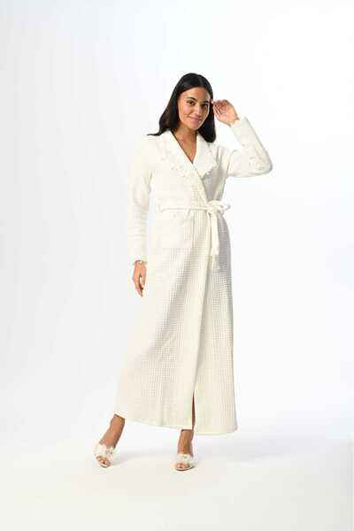 Lohussa Women's Ecru Jacquard Quilted Shawl Collar Lace Winter Special Design Full Length Dressing Gown