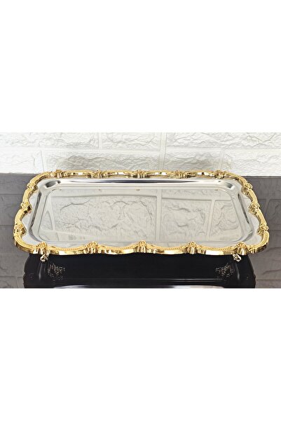 atabey home 2-Piece Footed Presentation Tray & Baton Cake Serving Steel Tray Cast Gold Frame 32 cm
