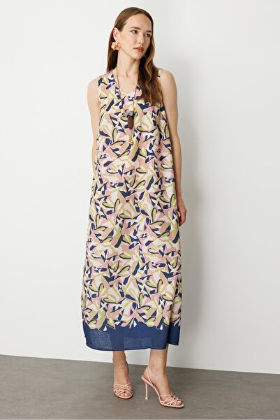 accort Keten Görünümlü Uzun Elbise-LACI