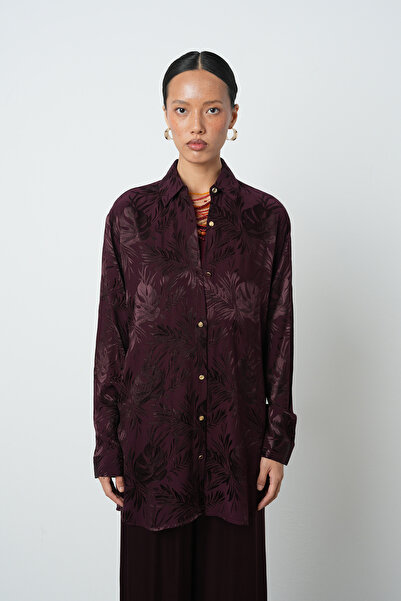 Orfeo Negro Women's Burgundy Oversize Cut Shirt with Branch and Leaf Pattern