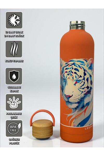 SANALTİCARETİM 1000 ml Stainless Steel Thermos with Bamboo Lid and Orange Tiger Figure