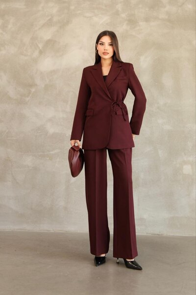 Stil Sepeti Women's Burgundy Premium Side Tie Blazer Jacket Palazzo Pants Set Drl-10001161