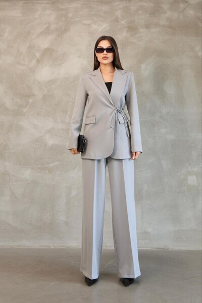 Stil Sepeti Women's Grey Premium Side Tie Blazer Jacket Palazzo Pants Set Drl-10001161