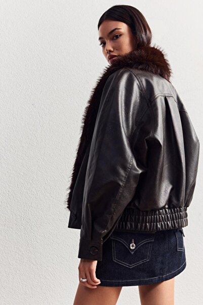 Bershka Faux leather jacket with faux fur collar