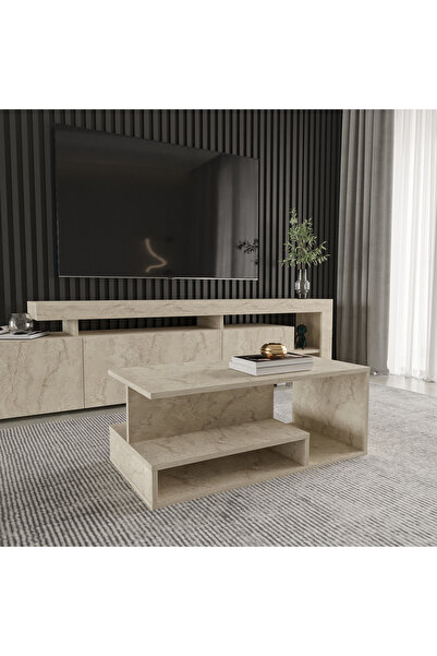 İNARCH DİZAYN Vera Mini Orta Sehpa – Modern Tasarım, Fonksiyonel Raflı Yapı Traverten