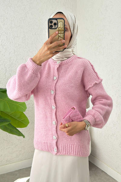 Salih Çelebi Ters Dikişli Triko Hırka 7048 - PEMBE