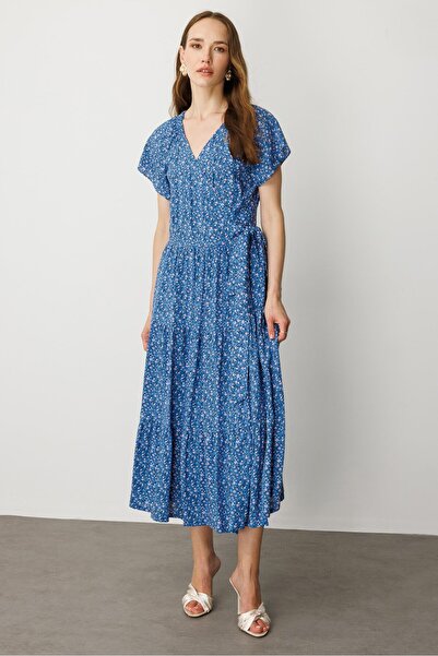 accort Çiçek Desenli Kruvaze Yaka Uzun Elbise-MAVİ