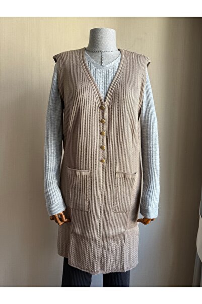TİRİTEK Mercerized Modern Hair Knit Single Knit Long Mother Vest / Milky Coffee