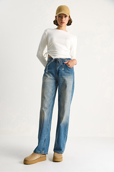 Bianco Lucci Kadın Belden İp Bağlamalı Denim Pantolon 5284 60284086