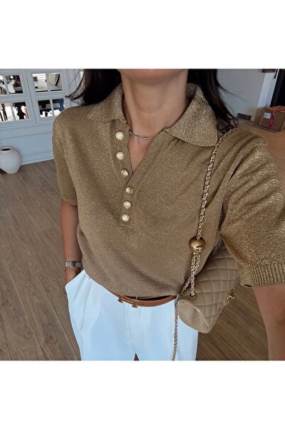 CADDELAMODA Kadın Yakalı Kısa Kol Gold Düğmeli Simli Triko