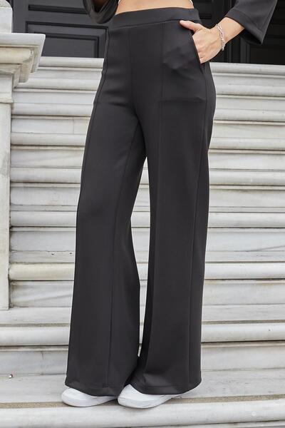 Jument Women's Silky Stretchy Thick Modal Fabric High Waist Front Seam Pocketed Wide Leg Palazzo Pants-Black