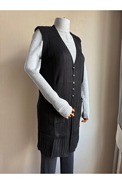 TİRİTEK Merserize Modern Saç Örgü TEK TRİKO Uzun Anne Yeleği / SİYAH