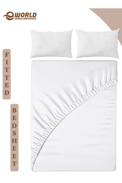 Eworld 3-Piece White Cotton Fitted Bedsheet Set with Deep Pocket & 2 Pillow Covers, Queen Size