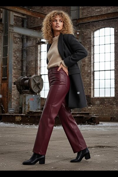 Grenj Fashion Relaxed Leather Trousers with Pipe Leg Stitching Detail