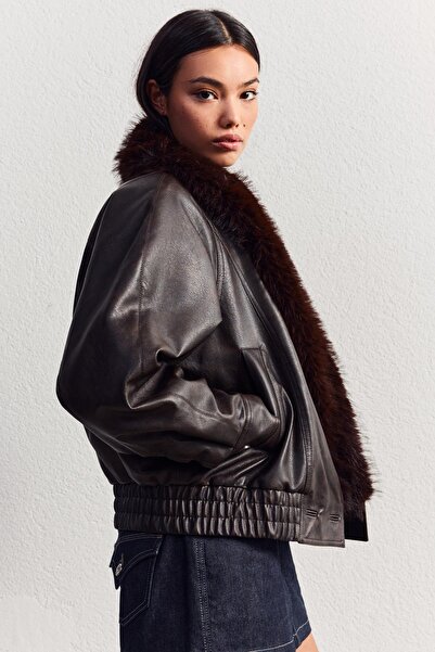 Bershka Faux leather jacket with faux fur collar