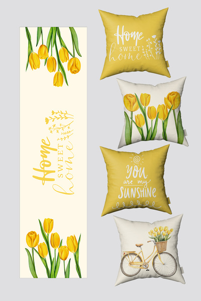 EsnafAli مجموعة غطاء وسادة على شكل زهور التوليب الصفراء 'هوم سويت هوم' تتكون من 4 أغطية وسائد و1 مفرش