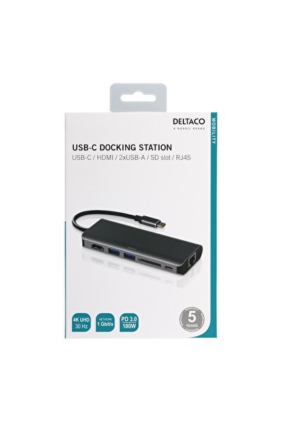 DELTACO Docking Station USB-C with HDMI, RJ45, USB-A, Card Reader, Grey