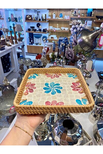 ÇIRPAN EV MAVİ ÇİÇEK DESEN RATTAN TEPSİ 21X21CM