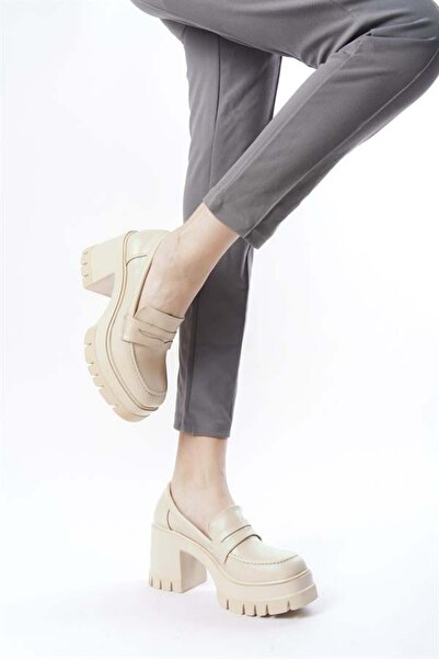 Les Passent Pantofi cu platformă cu toc de 8 cm pentru femei, piele cremă