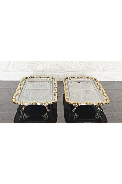 atabey home 6-Piece Footed Presentation Tray & Baton Cake Serving Steel Tray Cast Gold Frame 32 cm
