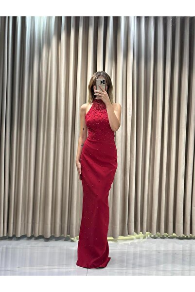 Kaleiçi Yıldızlar Kırmızı Boyundan Bağlamalı İnci İşlemeli Balık Abiye 5633