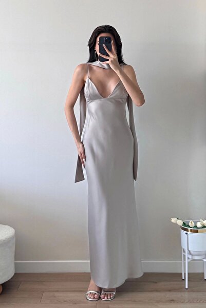 Eka Kadın Gri Askılı Uzun Elbise 1041-3263